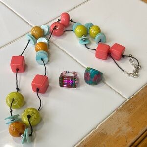 Colorful Beaded Necklace and Ring Set for Kids